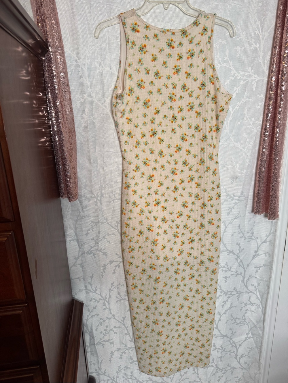 See You Monday Cream Ribbed Maxi Dress with Yellow & Green Floral Print